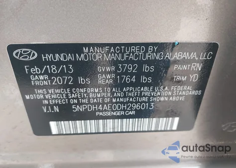 2013 Hyundai Elantra Limited z USA, uszkodzony, nr VIN 5NPDH4AE0DH296013